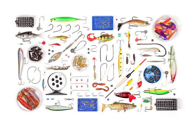 apetrechos de pesca no fundo branco - fishing hook catch of fish fishing fishing tackle - fotografias e filmes do acervo