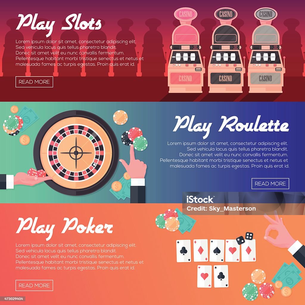 Casino Banner Set Casino Horizontal Banner Set (Slot Machine, Poker and Roulette). Flat Style. Clean Design. Vector Illustration. 2015 stock vector