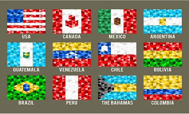 Vector illustration of North & South America low poly flags