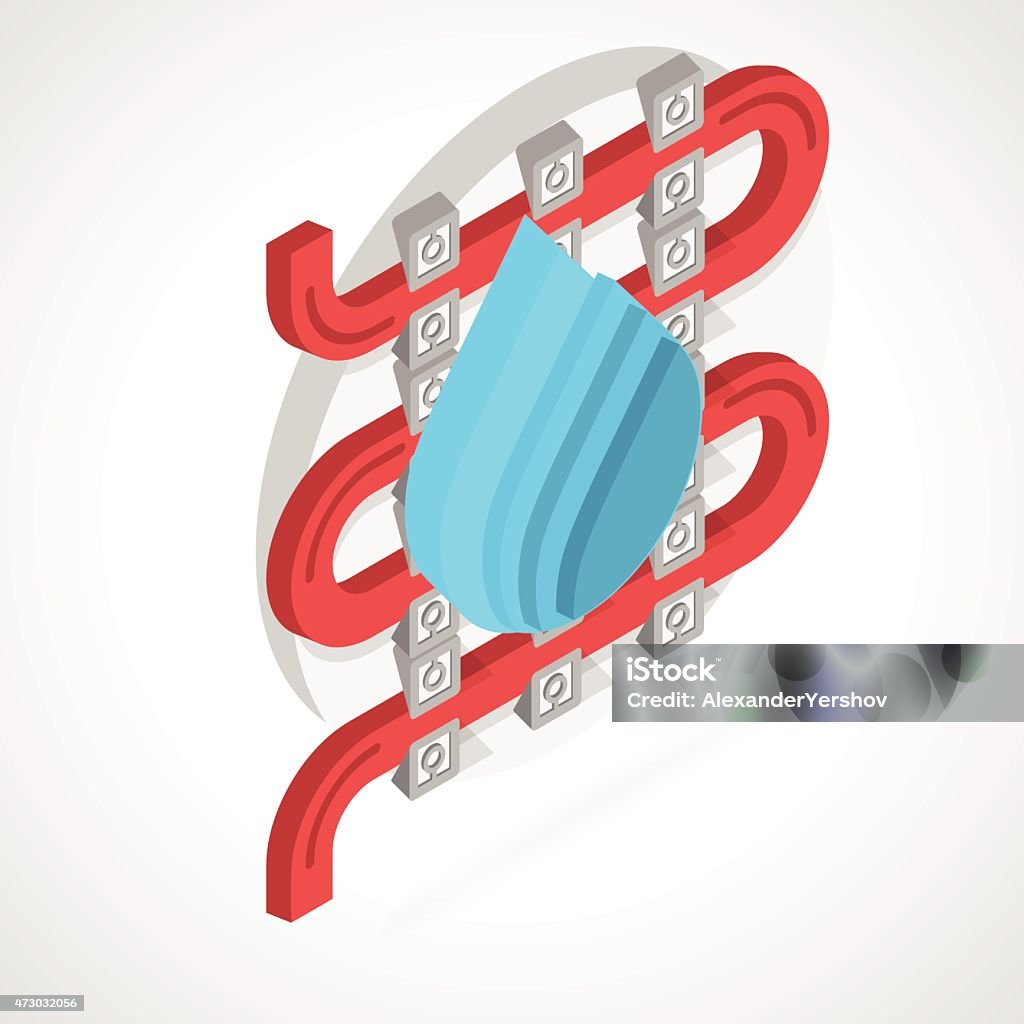 Vector isometric flat illustration of floor heating Vector isometric flat color design illustration of hydronic heated floor system with pipeline and blue drop on gray background. Order stock vector