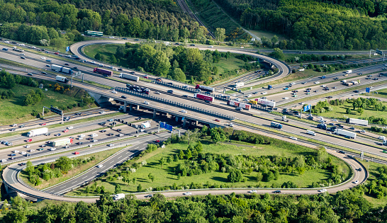 Frankfurt, Germany - May 7, 2015: aerial of Frankfurt Cross in Frankfurt, Germany.  The interchange was originally  built from 1931 to 1933.