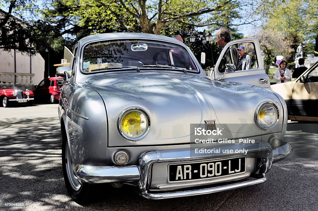 Renault Dauphine Gordini gray Ales, France - April 11, 2015: Renault Dauphine Gordini gray photographed vintage car rally in the square of the Town Hall of the city of Ales in the Gard department. 2015 Stock Photo