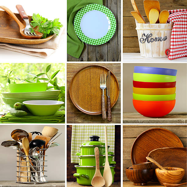 collage de diferentes madera y orgánicos y utensilios - bowl kitchenware department nested green fotografías e imágenes de stock