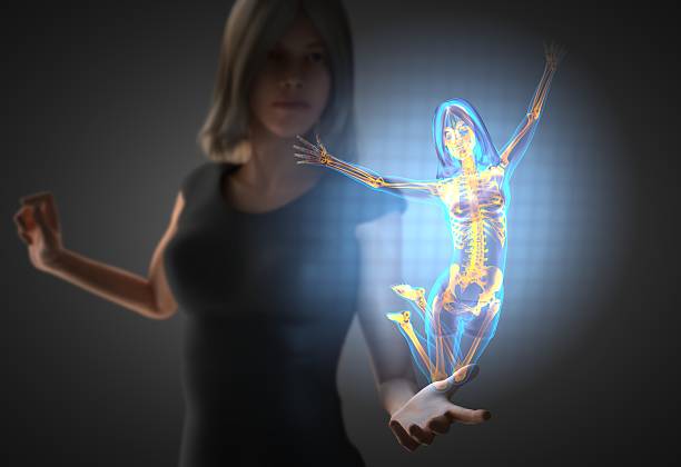 женщина с костей radiography и голограммой - hologram led futuristic women стоковые фото и изображения