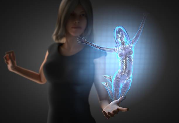 женщина с костей radiography и голограммой - hologram led futuristic women стоковые фото и изображения