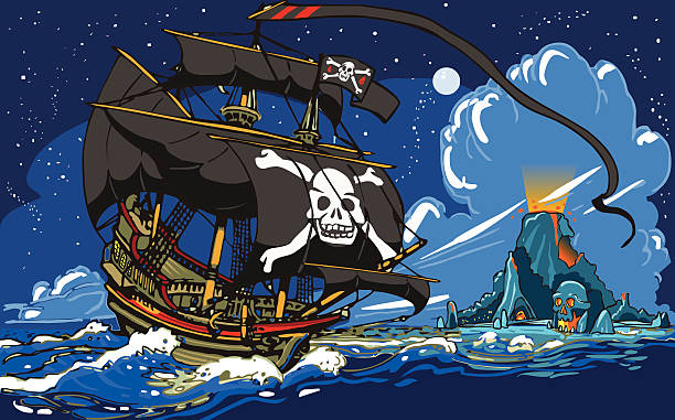 Pirate&apos;s Ship Sailing to the Skull Island Adventure Time - Pirate Ship Sailing to Skull Island pirate's cove stock illustrations