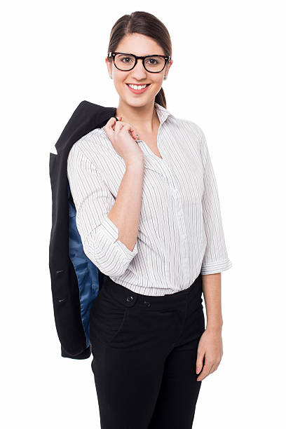 istock Corporate lady with blazer slung over her shoulder 473063638