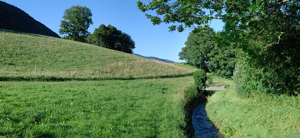 Stitched panorama made of 3 pictures. The Baumine stream at the foot of the Swiss Jura between Baulmes and Vuiteboeuf