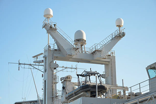 istock Radar and inflatable amphibious boat on naval ship. 473066938