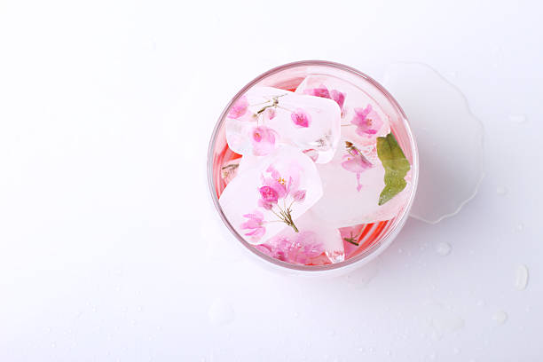 istock pink flowers ice cube in glass,top view 473067136