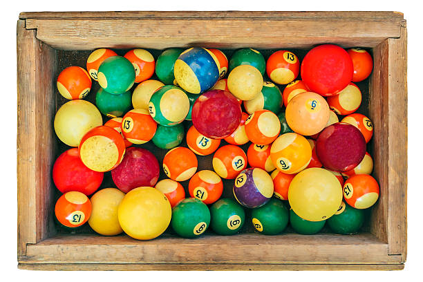 Ancient pool billiard balls in a wooden box Ancient pool billiard balls in a wooden box isolated on a white background number 12 pool ball ball number stock pictures, royalty-free photos & images