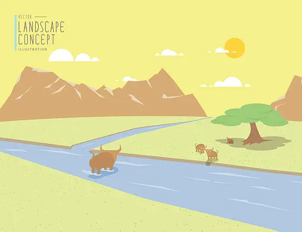 Vector illustration of Landscape mountains view and animal.