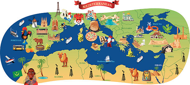 mediterrane comic-karte - mediterranean cuisine stock-grafiken, -clipart, -cartoons und -symbole