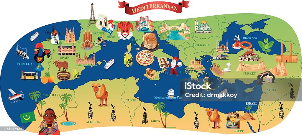 Mediterranean Cartoon map Mediterranean  Cartoon map Map stock vector
