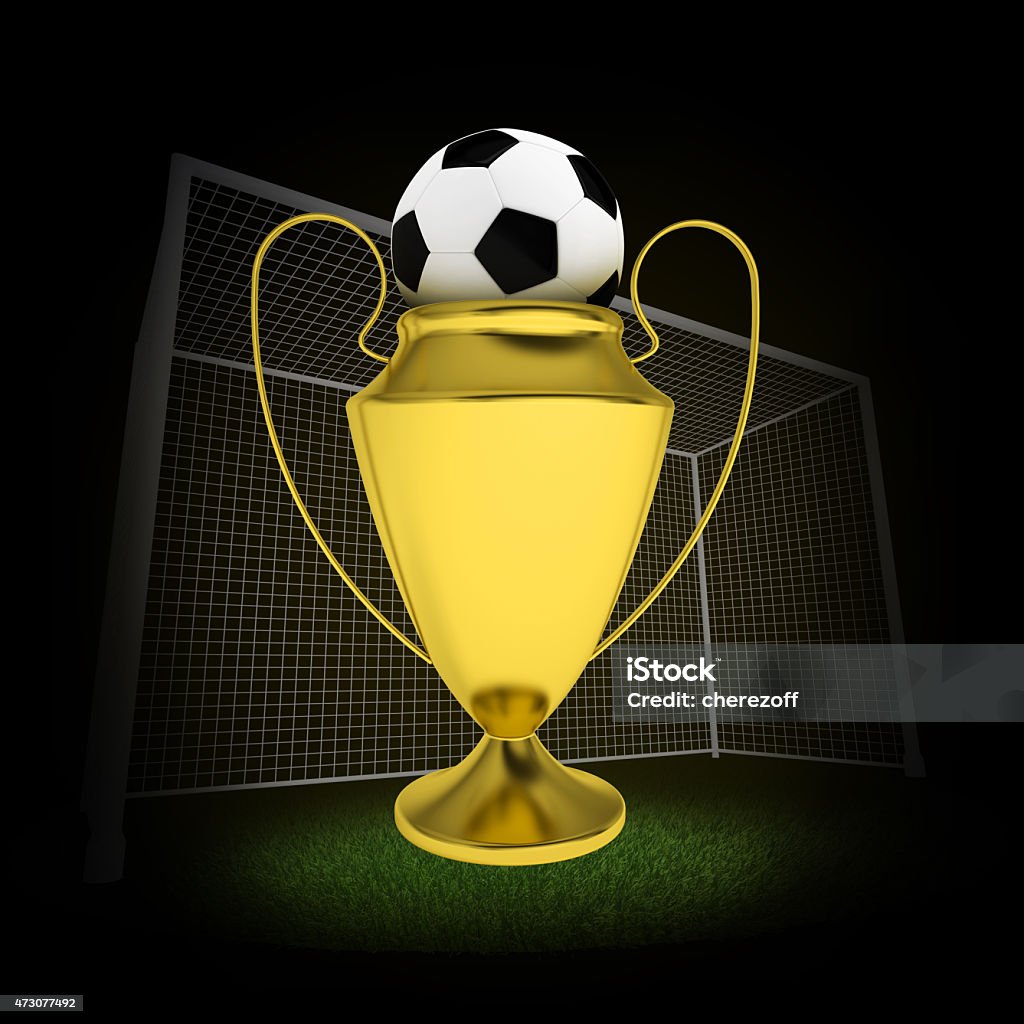 Winner cup with football Winner cup with football and gates. Dark background 2015 Stock Photo