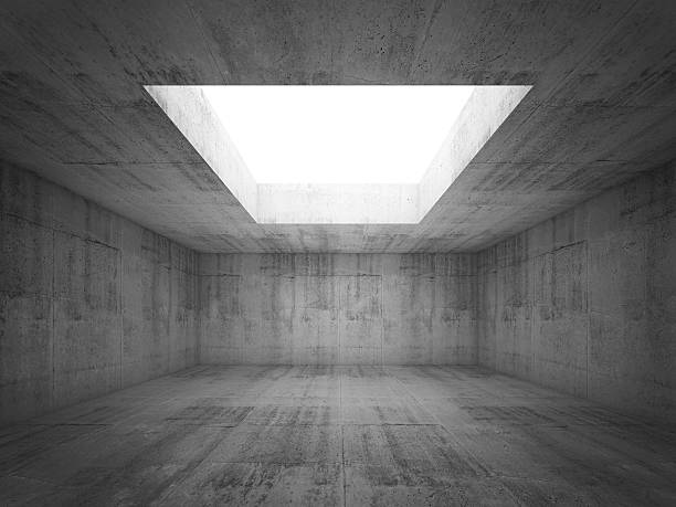 quarto vazio escuro interior concreto branco com abertura no tecto, - symmetry black and white architecture contemporary imagens e fotografias de stock