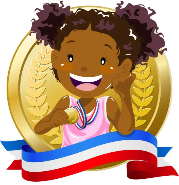 Vector illustration of Little girl holding up a golden medal with banner