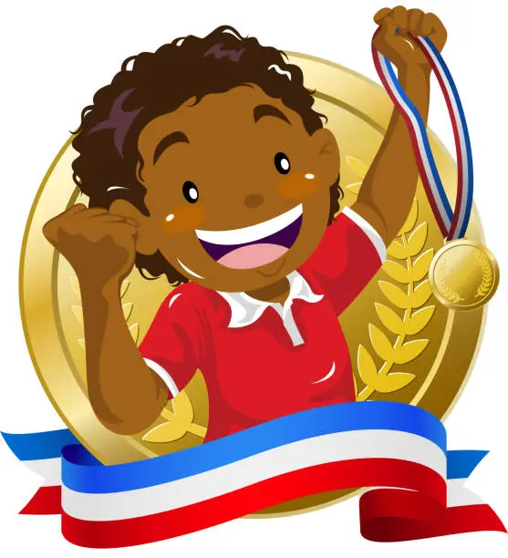 Vector illustration of Teenage boy holding up a golden medal wtih banner
