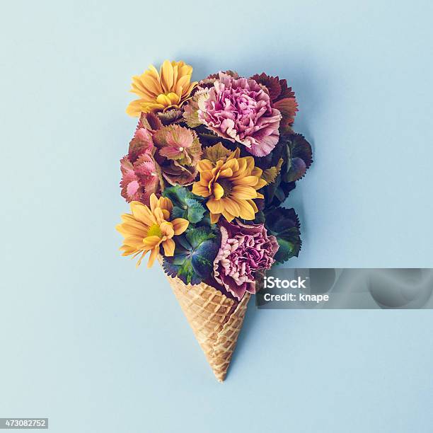 Fresh Flowers In Ice Cream Cone Still Life Stock Photo - Download Image Now - Flower, Bouquet, Summer