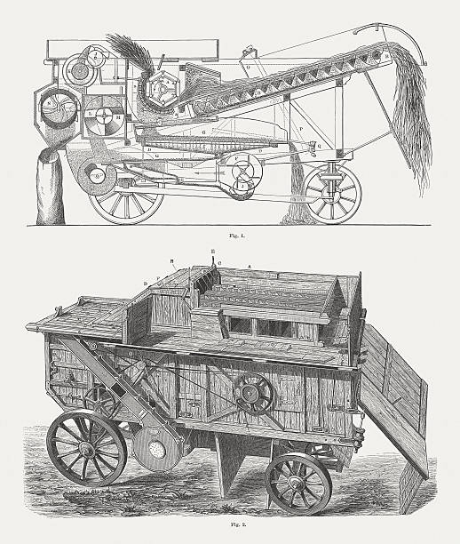 Threshing machines from England, wood engravings, published in 1875 Threshers: 1) Cross section of treshing machine by Ransomes, Sims andHead in Ipswich, England, 2) Steam treshing machine by Clayton and Shuttleworth in Lincoln, England. Woodcut engraving, published in 1875. threshing stock illustrations