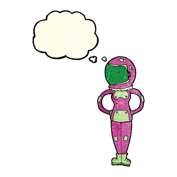 ilustrações de stock, clip art, desenhos animados e ícones de mulher fêmea astronauta com balão de pensamento em desenho animado - spacewoman