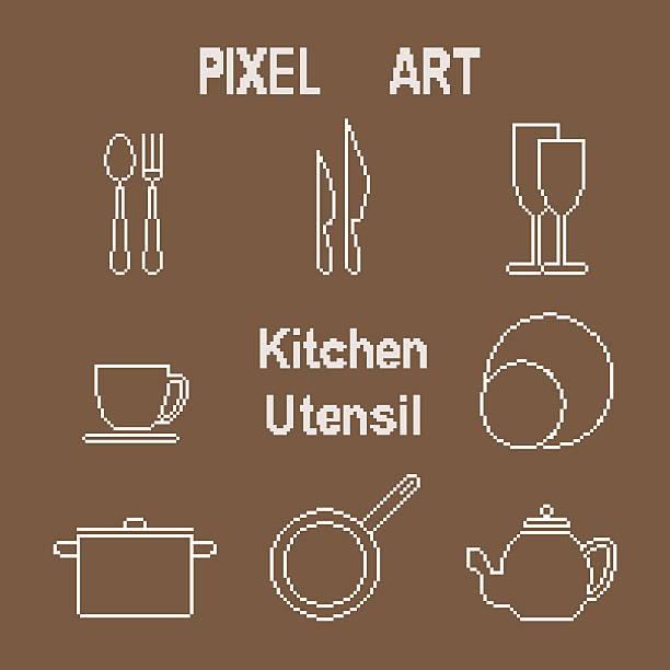 pixel-kontur küchenzubehör-icons - pixel art grafiken stock-grafiken, -clipart, -cartoons und -symbole
