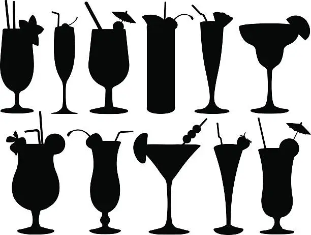 Vector illustration of Black and white silhouettes of cocktail glasses