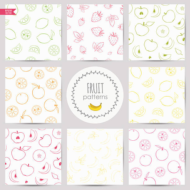 illustrazioni stock, clip art, cartoni animati e icone di tendenza di set di schemi di frutta - fruit apple orange lemon