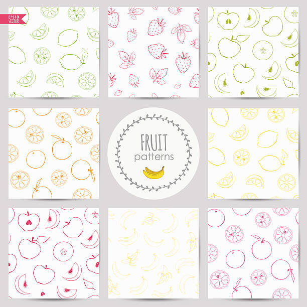 set of fruit patterns set of linear patterns with fruits: apple, banana, orange, lime, lemon, grapefruit, strawberry harmonia stock illustrations