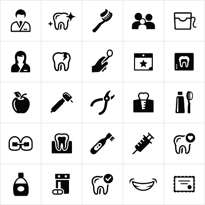 Icons related to the dental industry. The icons include dental equipment, teeth, dentist and other common dental related items. The icons also represent preventative and treatment measures used by dentists.