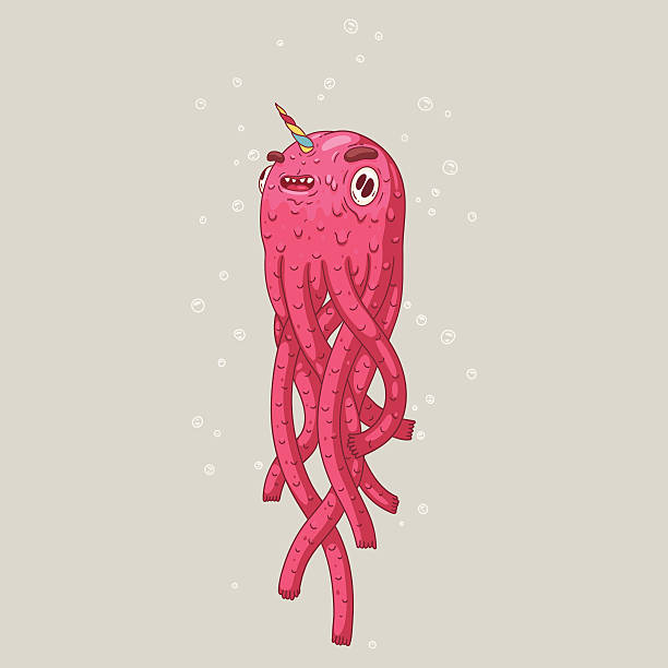 Octopus Monster has octopus body and narwhal head. Character design. water animal octopus sea stock illustrations