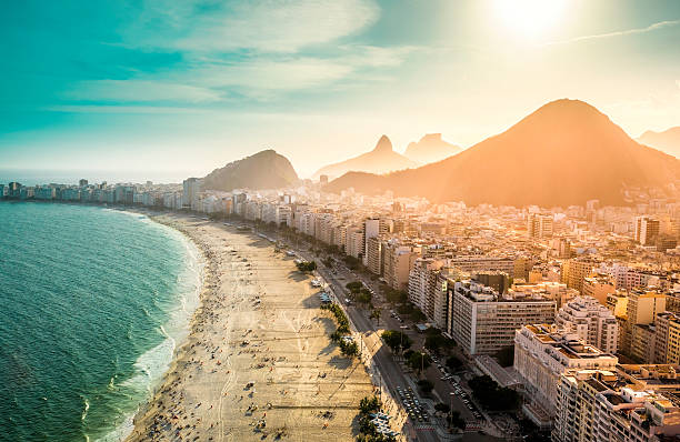 Copacabana area of Rio De Janeiro as seen from above Aerial view of famous Copacabana Beach in Rio de Janeiro, Brazil. copacabana rio de janeiro photos stock pictures, royalty-free photos & images