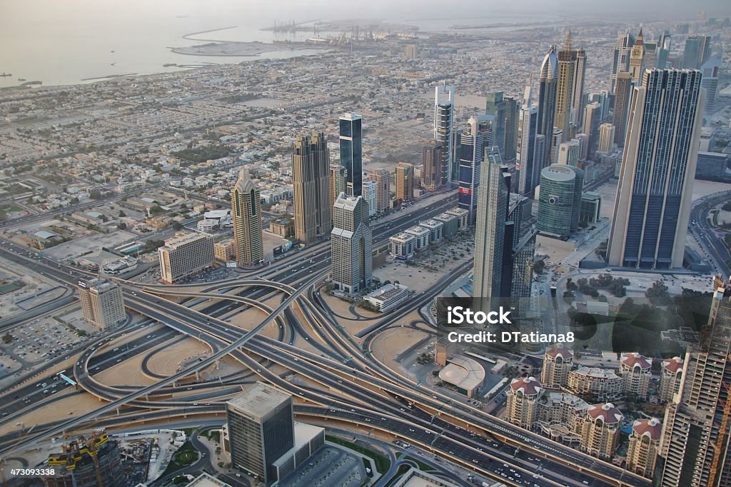 View of downtown Dubai from Burj Khalifa View of downtown Dubai from Burj Khalifa, United Arab Emirates 2015 Stock Photo