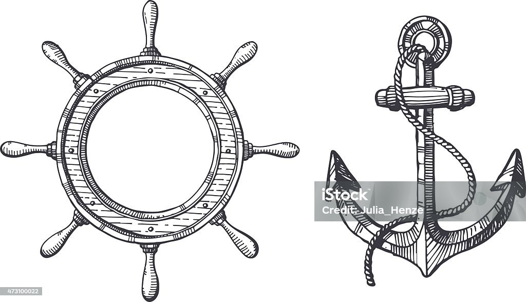 Ilustración de una mano diseñado anclaje y un volante - arte vectorial de Ancla - Parte del barco libre de derechos