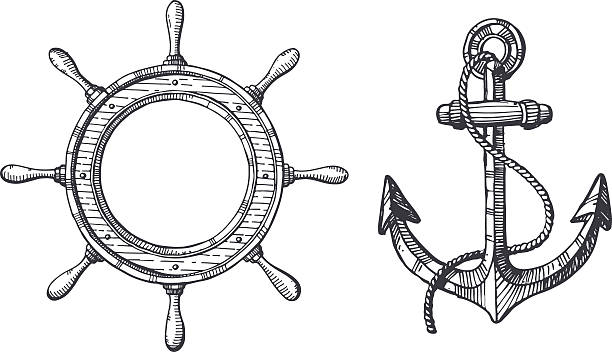 bildbanksillustrationer, clip art samt tecknat material och ikoner med hand drawn illustration of an anchor and a steering wheel - skepp illustrationer