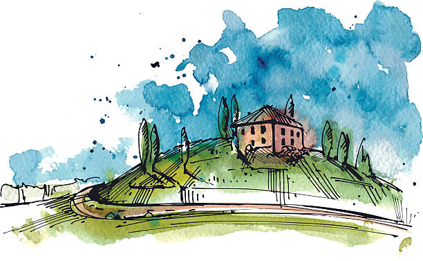 illustrations, cliparts, dessins animés et icônes de aquarelle illustration de la toscane hill - residential structure house mountain travel