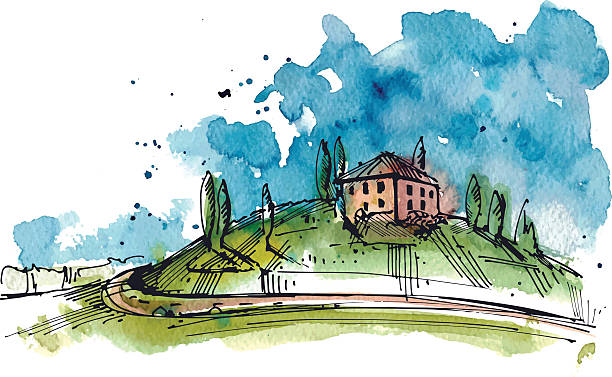 Watercolor illustration of a Tuscany hill. The watercolor and ink drawings are two different layers.