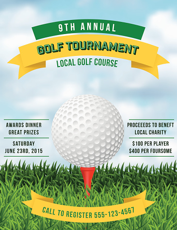 Vector Golf Tournament poster invitation template. Ball in the center of green grass on a tee. The ball is partially in the grass. There are banners for text at the top and bottom.