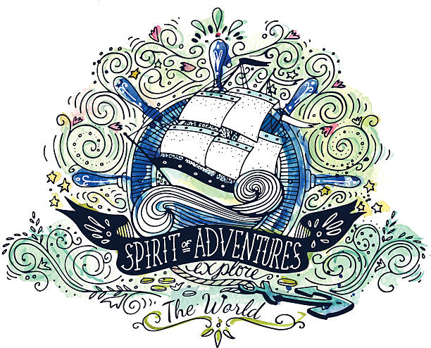 illustrazioni stock, clip art, cartoni animati e icone di tendenza di disegnati a mano vintage etichetta con una nave e scritta - nautical vessel wave pattern old fashioned summer