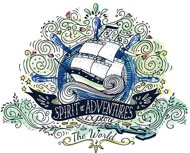 수작업 빈티지 라벨, 발송 및 레터링 - nautical vessel wave pattern old fashioned summer stock illustrations