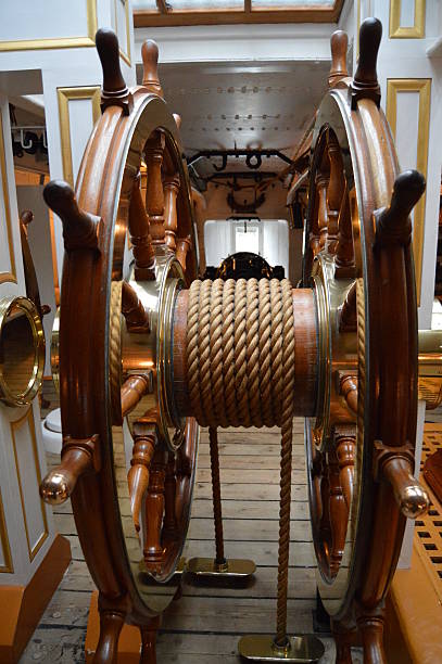 Sailing ship old wooden Steering wheel with compass