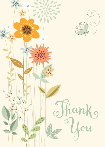Vector vertical floral thank you card with butterfly.