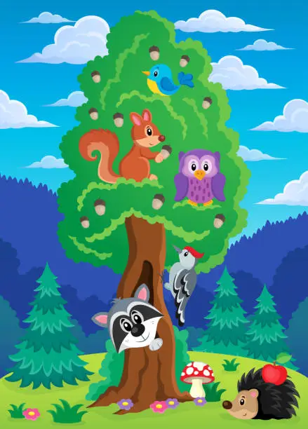 Vector illustration of Tree with various animals theme 2