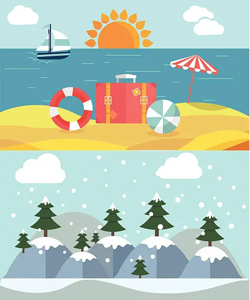 Vector illustration of Changing seasons from summer to winter or vice-versa
