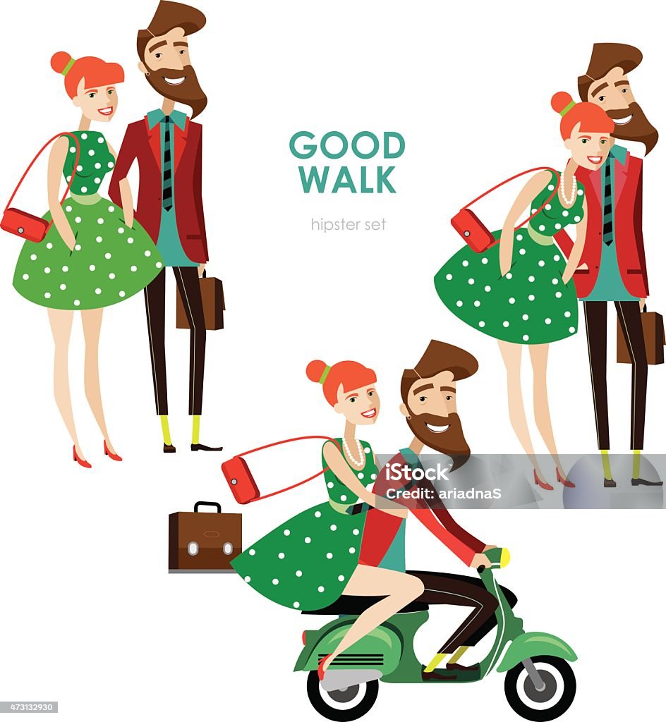 Hipster woman and man on scooter hipster girl and the guy walk and ride a scooter 2015 stock vector