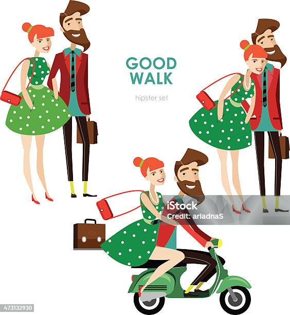 Hipster Woman And Man On Scooter Stock Illustration - Download Image Now - 2015, Adult, Backgrounds