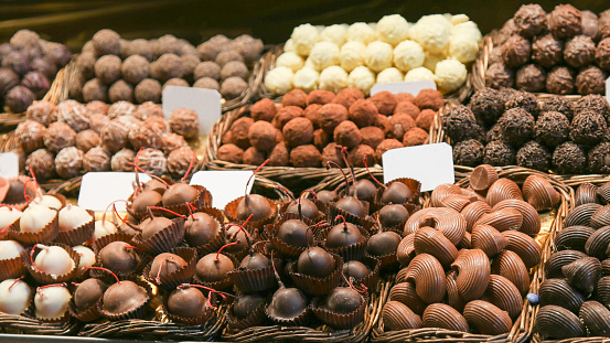 Display of delicious chocolate at a shop in the Boqueria Market in Barcelona