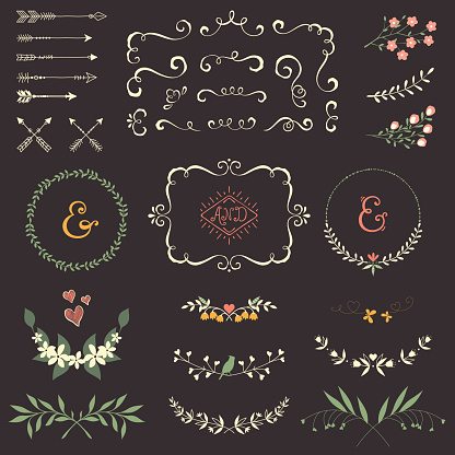 Wedding graphic set with swirls,  arrows, laurels, wreaths, branches, bird,  hearts and ampersands.
