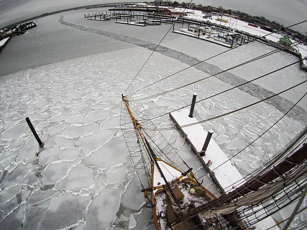 Aerial fisheye view from aloft on a tallship or sailboat, looking out over ice