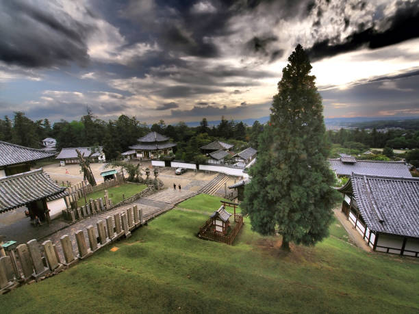 Nara, Japan - August 11, 2014: Sunset watching at Nigatsu do Hall in Nara. It is a view of Temple complex with big tree in park. In background there are a lot of Temple houses and further more is Nara centre with lot of clouds and sun light from sunset.  It is E5 in camera build HDR filter.